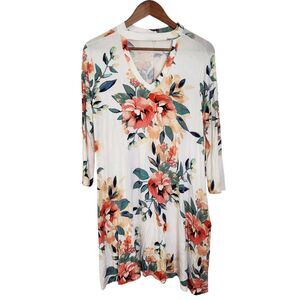Reb & J Floral Short Tunic Dress Bohemian Pockets Stretchy Cut Out Neck Size L